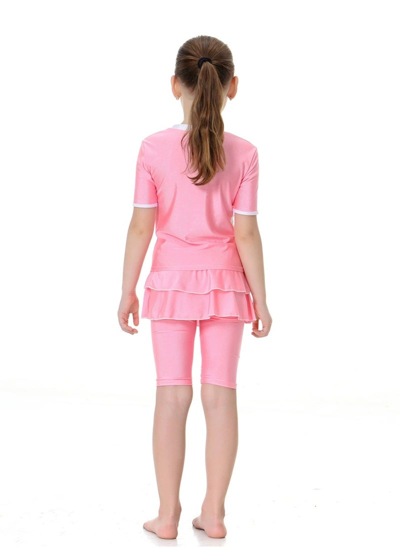 Loquat - 2-Piece Girls Short Sleeves Muslim Conservative Islamic Swimwear Burkinis Split Swimsuit Swimwear Pink - Image 1