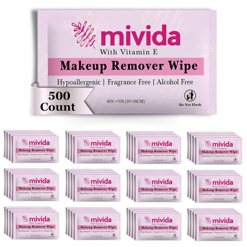 mivida 500 Count Bulk Individually Wrapped Makeup Remover Wipes with Vitamin E  Hypoallergenic FragranceFree AlcoholFree makeup wipes  Bulk single make up removing wipes