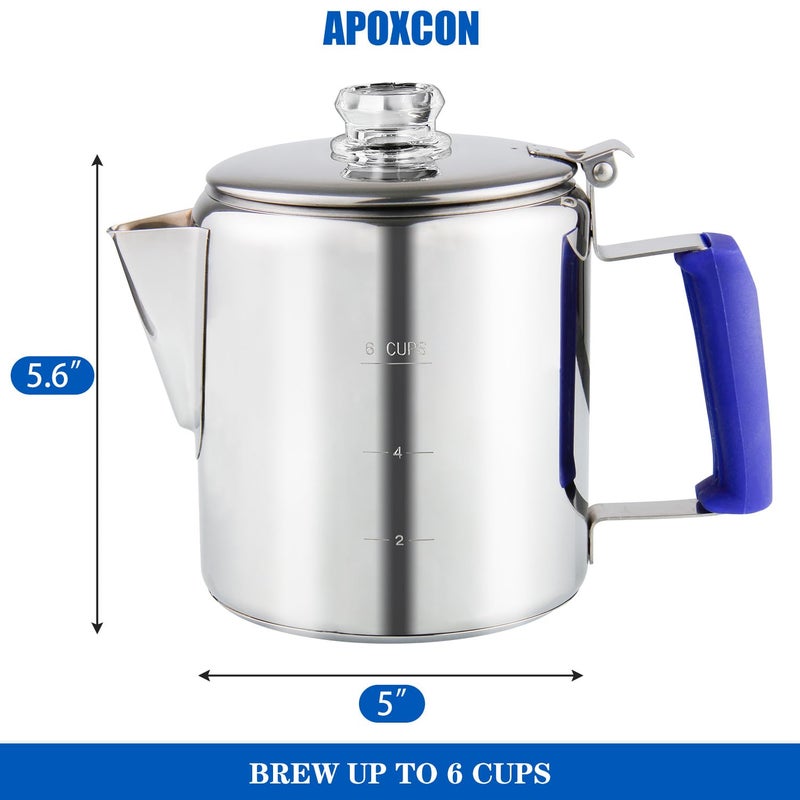 APOXCON Multi Use Percolator Coffee Pot Stainless Steel Stove Top Coffee Maker with Two Tough Borosilicate Glass Knob Silica Handle Camping Coffee Pot Using on Campfire Stove & Induction Cooker Silver 6 Cup - Image 2