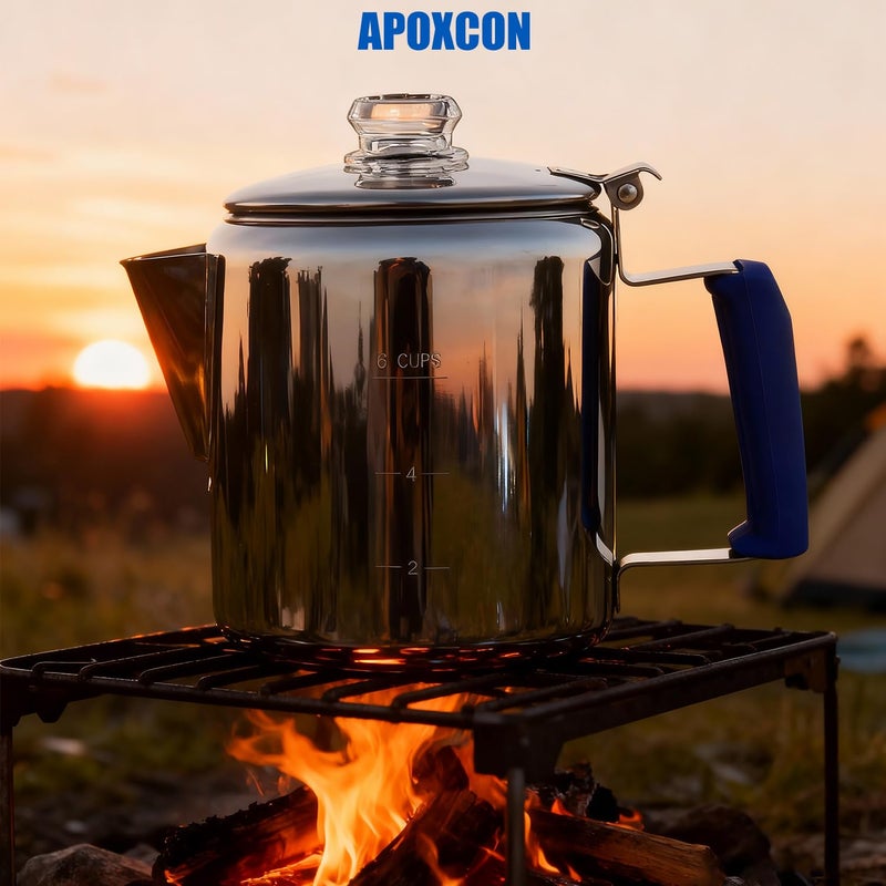 APOXCON Multi Use Percolator Coffee Pot Stainless Steel Stove Top Coffee Maker with Two Tough Borosilicate Glass Knob Silica Handle Camping Coffee Pot Using on Campfire Stove & Induction Cooker Silver 6 Cup - Image 5