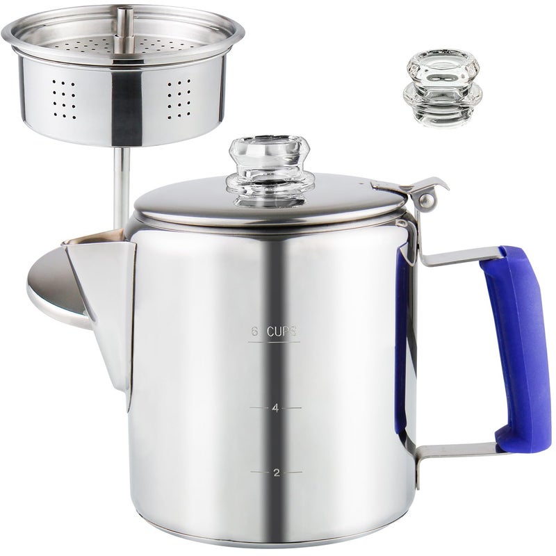 APOXCON Multi Use Percolator Coffee Pot Stainless Steel Stove Top Coffee Maker with Two Tough Borosilicate Glass Knob Silica Handle Camping Coffee Pot Using on Campfire Stove & Induction Cooker Silver 6 Cup - Image 1