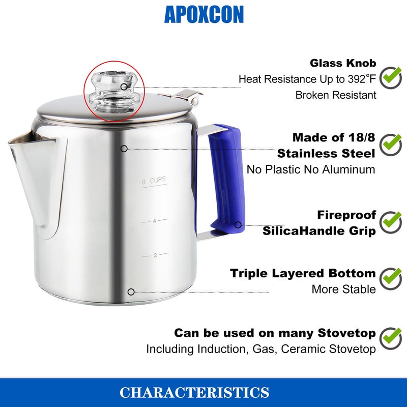 APOXCON Multi Use Percolator Coffee Pot Stainless Steel Stove Top Coffee Maker with Two Tough Borosilicate Glass Knob Silica Handle Camping Coffee Pot Using on Campfire Stove & Induction Cooker Silver 6 Cup - Image 4