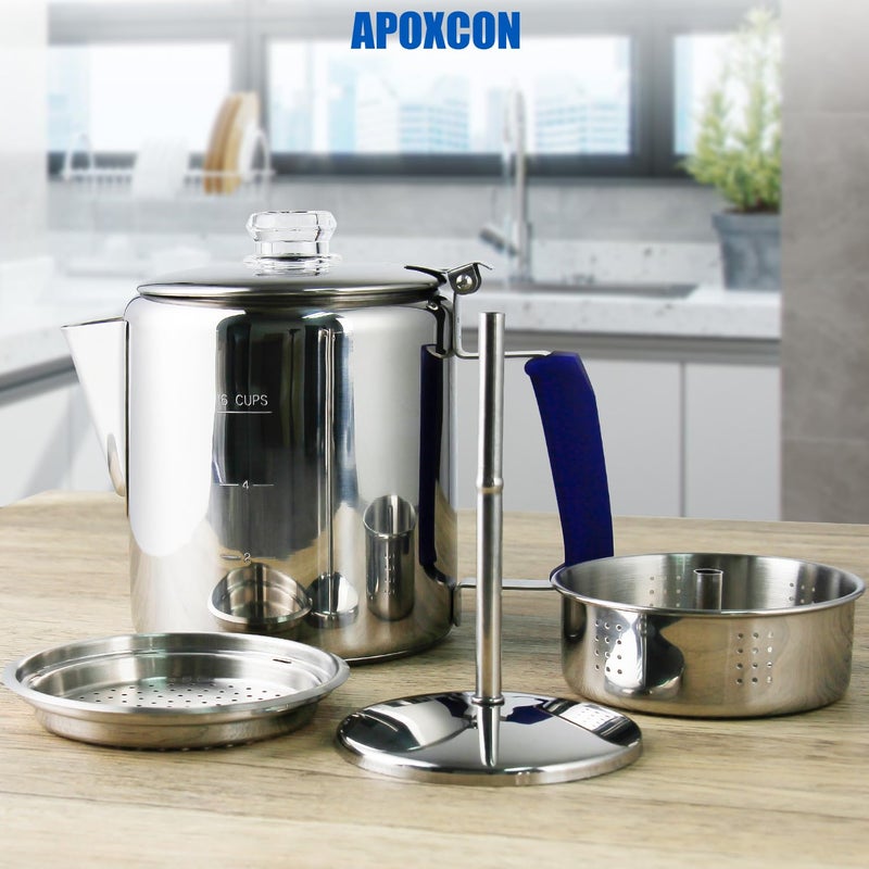 APOXCON Multi Use Percolator Coffee Pot Stainless Steel Stove Top Coffee Maker with Two Tough Borosilicate Glass Knob Silica Handle Camping Coffee Pot Using on Campfire Stove & Induction Cooker Silver 6 Cup - Image 3