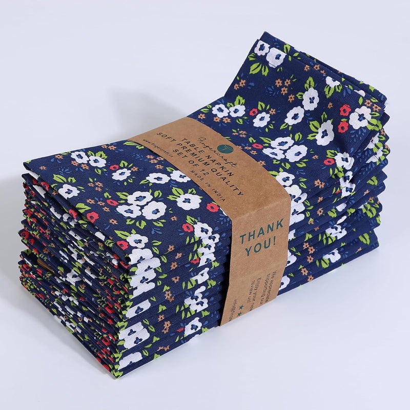 FINGERCRAFT Cloth Napkin Set of 12 Cotton Linen Blend Mitered Corner Printed Table Napkins Washable and Reusable Dinner Cloth 20x20In Small Floral Galaxy Blue - Image 2