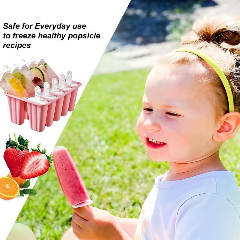 BRENSTEN Silicone Popsicle Molds 10 Pcs Ice Pop Maker Molds with 10 Reusable Sticks, Cleaning Brush and Funnel - Homemade Easy-Release Reusable Popsicle Moulds Shapes (Pink) - Image 3