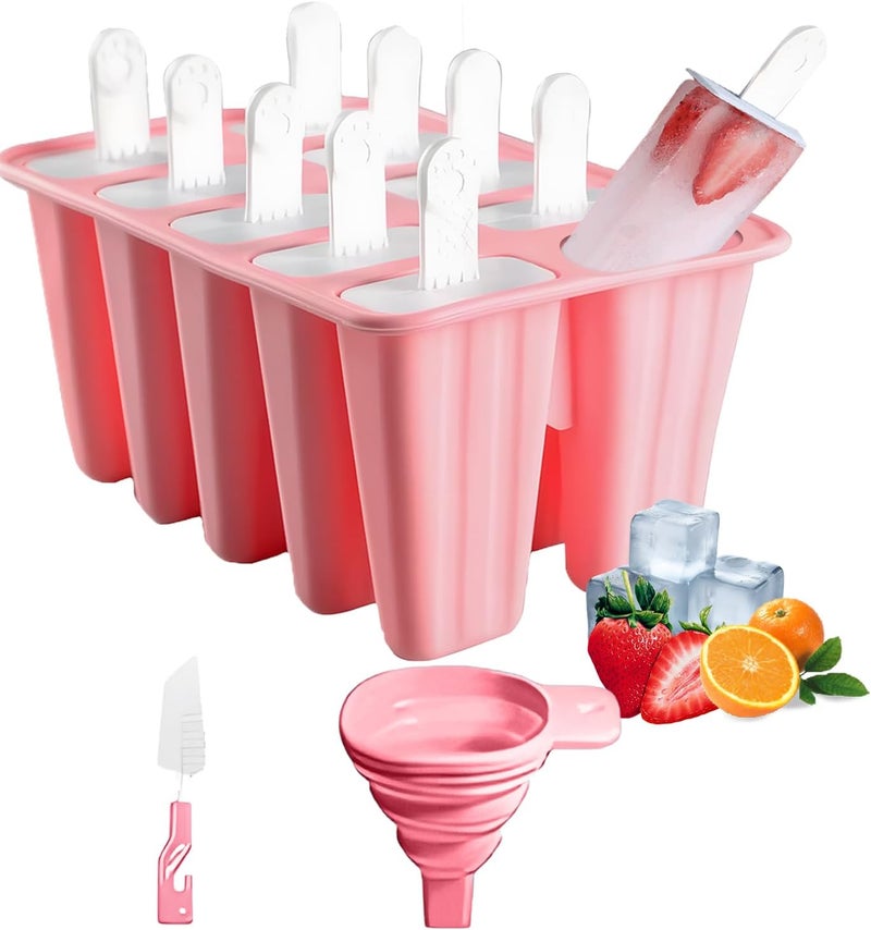 BRENSTEN Silicone Popsicle Molds 10 Pcs Ice Pop Maker Molds with 10 Reusable Sticks, Cleaning Brush and Funnel - Homemade Easy-Release Reusable Popsicle Moulds Shapes (Pink) - Image 1