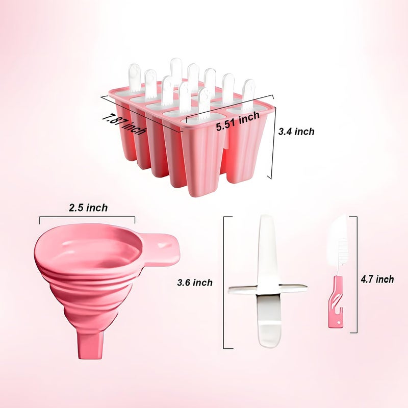BRENSTEN Silicone Popsicle Molds 10 Pcs Ice Pop Maker Molds with 10 Reusable Sticks, Cleaning Brush and Funnel - Homemade Easy-Release Reusable Popsicle Moulds Shapes (Pink) - Image 4