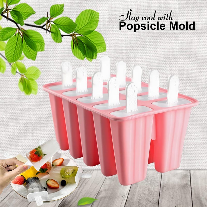 BRENSTEN Silicone Popsicle Molds 10 Pcs Ice Pop Maker Molds with 10 Reusable Sticks, Cleaning Brush and Funnel - Homemade Easy-Release Reusable Popsicle Moulds Shapes (Pink) - Image 2