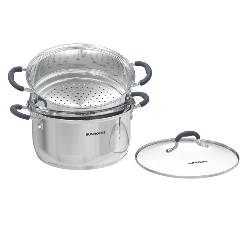 SUNHOUSE 3 Quarts Steamer Pots With Lid, 2-Tier Multipurpose Stainless Steel Steaming Pot Cookware With Stay-Cool Handles, Tri-ply Bottom, Compatible with All Cooktops - Image 1