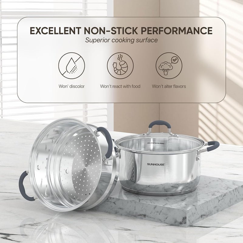 SUNHOUSE 3 Quarts Steamer Pots With Lid, 2-Tier Multipurpose Stainless Steel Steaming Pot Cookware With Stay-Cool Handles, Tri-ply Bottom, Compatible with All Cooktops - Image 4