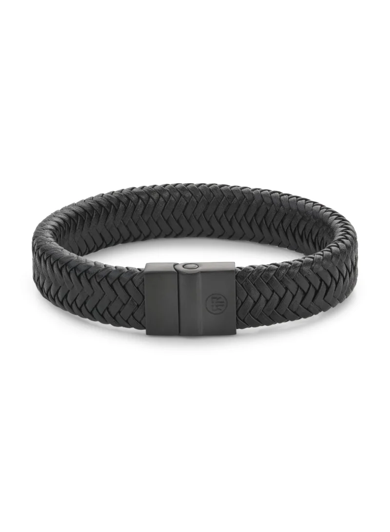 Rebel & Rose Men's Full Metal Plaid Leather Bracelet, 14 mm, Black