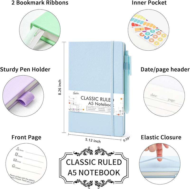 Feela 5 Pack Notebooks Journals Bulk, Hardcover Classic Ruled Lined Journals with Pen Holder for Women Girls School Business Supplies, with 5 Black Pens, 120 GSM, 5.1”x8.3”, A5, Pastel Colors - Image 2