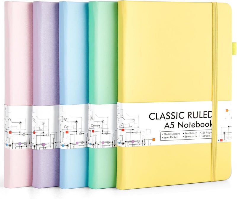 Feela 5 Pack Notebooks Journals Bulk, Hardcover Classic Ruled Lined Journals with Pen Holder for Women Girls School Business Supplies, with 5 Black Pens, 120 GSM, 5.1”x8.3”, A5, Pastel Colors - Image 1