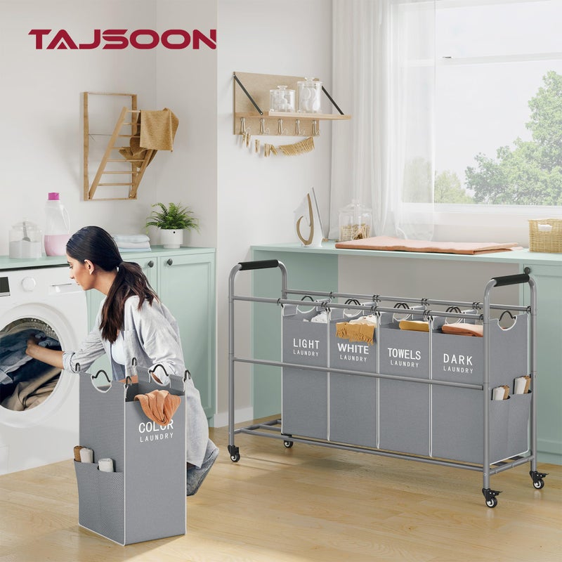Tajsoon 5 Bag Laundry Sorter Cart, Laundry Hamper Sorter Basket with Heavy Duty Lockable Rolling Wheels for Clothes Storage, Grey & White - Image 2