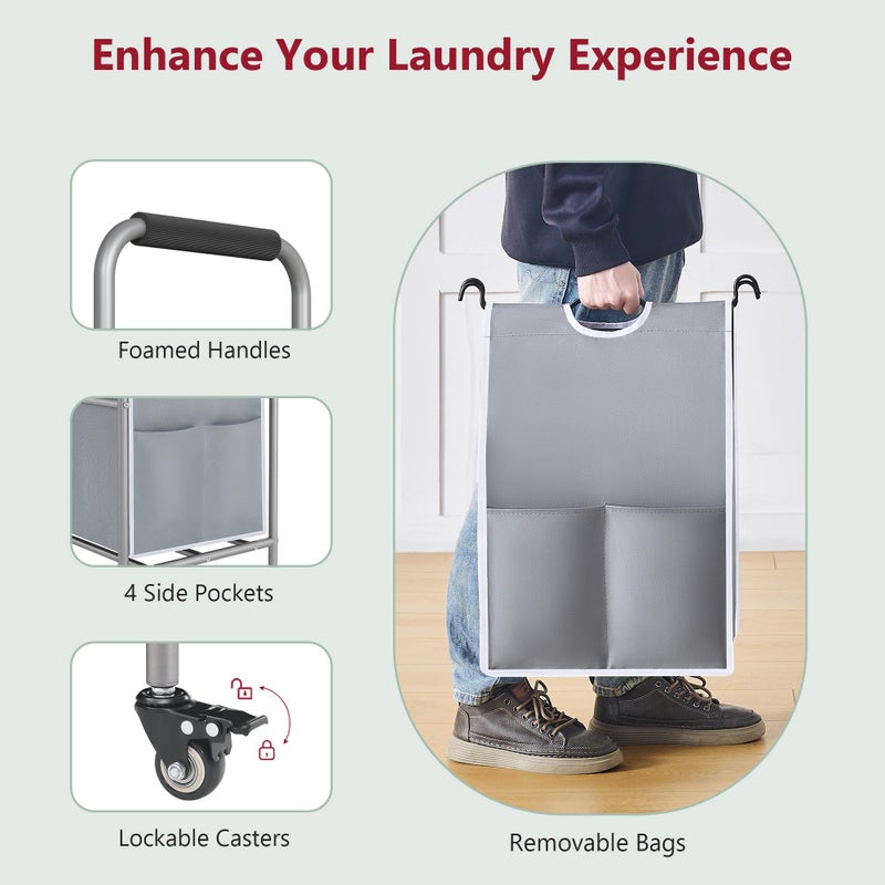 Tajsoon 5 Bag Laundry Sorter Cart, Laundry Hamper Sorter Basket with Heavy Duty Lockable Rolling Wheels for Clothes Storage, Grey & White - Image 5
