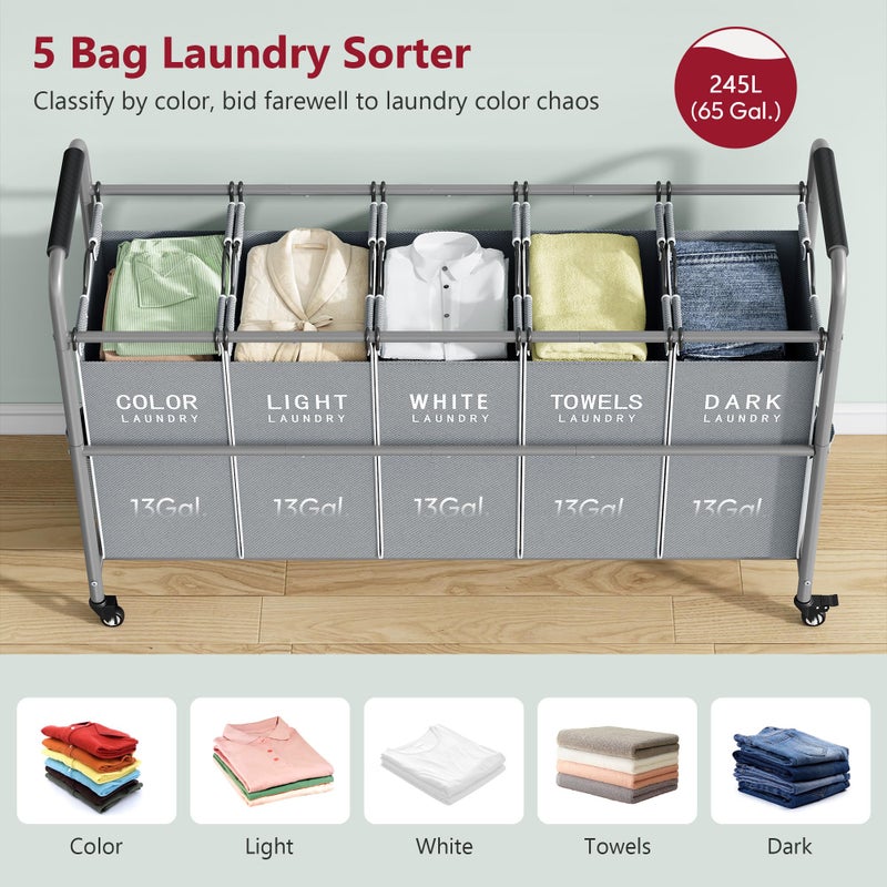 Tajsoon 5 Bag Laundry Sorter Cart, Laundry Hamper Sorter Basket with Heavy Duty Lockable Rolling Wheels for Clothes Storage, Grey & White - Image 3