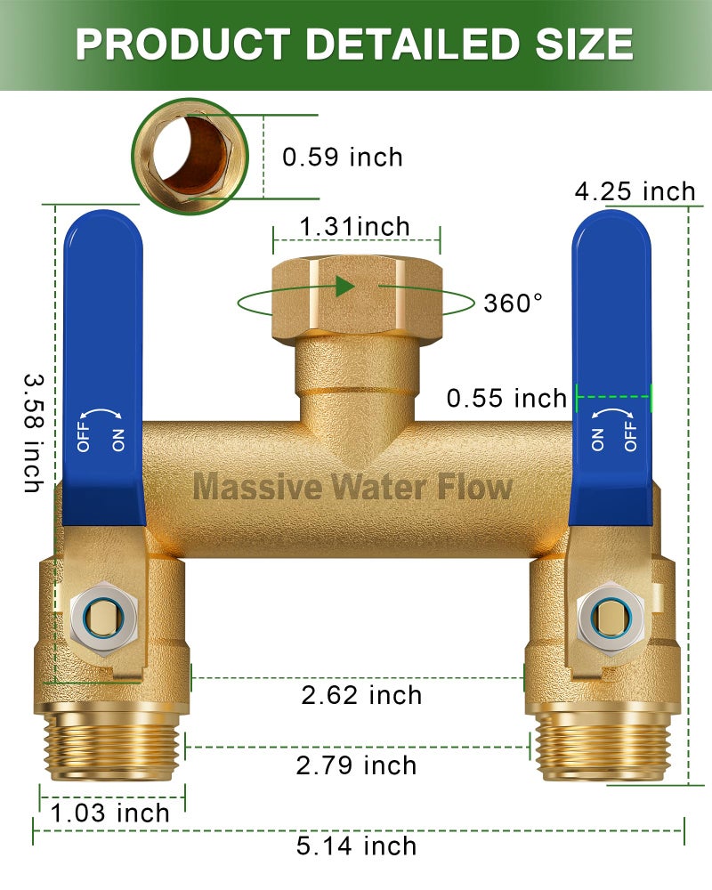 LNEZCDB Hose Splitter 2 Way Heavy Duty, Full Flow Garden Hose Splitter with 2 Long Metal Handles, Brass Rust and Freeze Resistant Water Hose Bib Splitter, T Adapter Connector with 3/4 - Inch GHT Threadï¼ˆBlueï¼‰ - Image 2