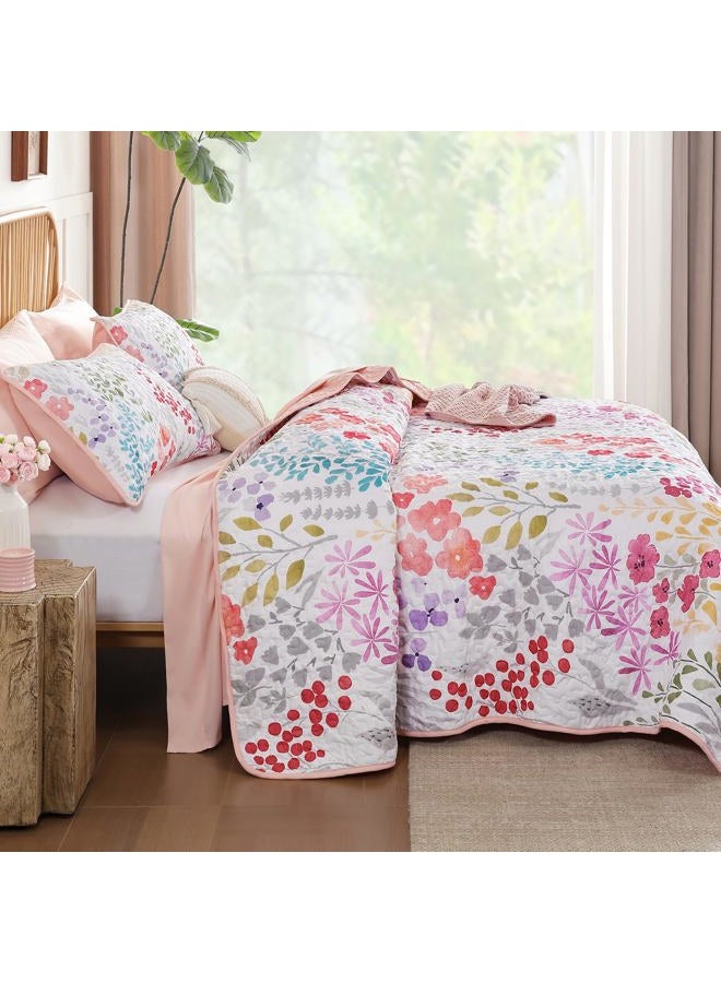 Xruibed Floral Quilt Sets Queen Size Pink Quilt Set 3 Pieces Bedspreads Bedding SetSoft and Cozy Microfiber Lightweight Quilt Flower Bed Coverlet Sets for All Season(Queen 96"x90") - Image 4