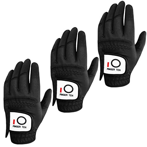 FINGER TEN قفازات جولف FINGER TEN لجميع الأحوال الجوية للرجال، عبوة قيمة 3 قطع للاعبي الجولف اليد اليمنى، قفاز ناعم مريح لأداء متميز، ألوان أبيض أسود أزرق، مقاسات S M L XL (أسود، متوسط/كبير، يسار) - Image 1
