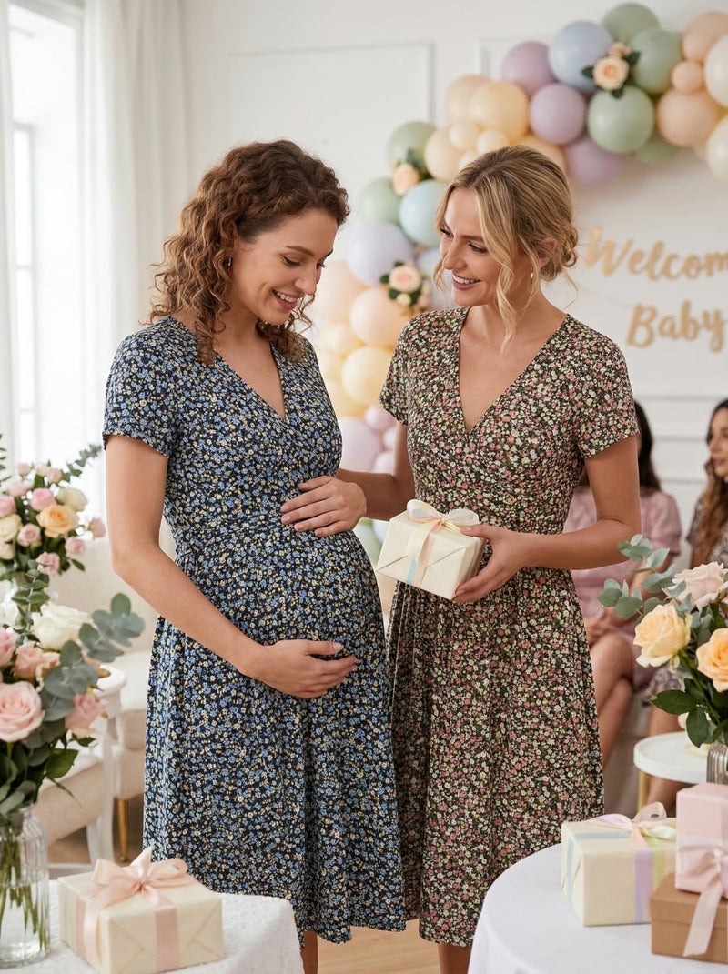OUGES Maternity Nursing Dress Breastfeeding Summer Short Sleeve V Neck Casual Pregnancy Postpartum Outfits Pockets(Floral C,M) - Image 4