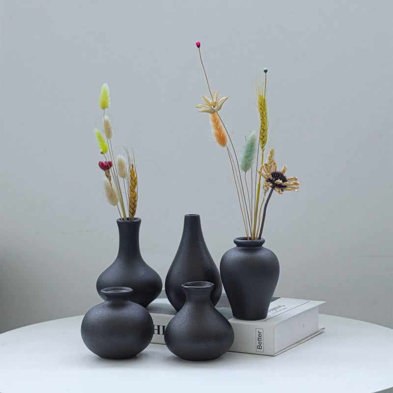 Black Ceramic Vase Set of 5 Small Bud Vases for Flowers Mini Decorative Vases for Rustic Weddings Home Decor Assorted Floral Arrangement Centerpieces for Table Cabinet Living Room Entryway