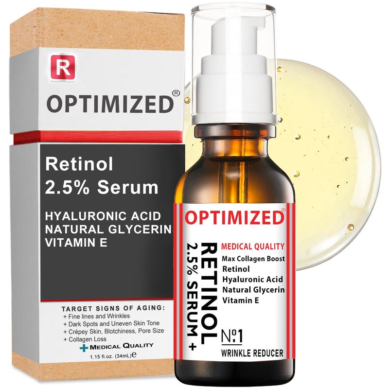 Retinol Serum 25 with Hyaluronic Acid Glycerin Vitamin E  Reduce Wrinkles Fine Lines Even Skin Tone Sun Spots Age Spots  Boost Collagen Production 1 fl oz  OPTIMIZED LAB Guaranteed