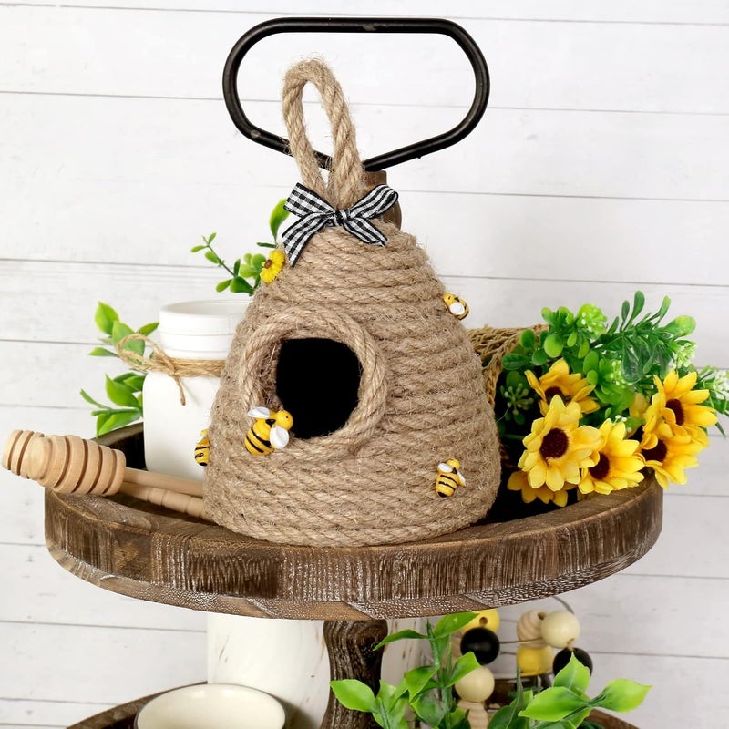 MAKINGTEC Bee Hive Deco Honey Bee Tiered Tray Decor Spring Summer Shelf Sitter Bee Kitchen Decor Bee Themed Wood Book Stack Mini Beehive Farmhouse for Table Shelf Sitter Home Coffee Bar Themed Party - Image 2