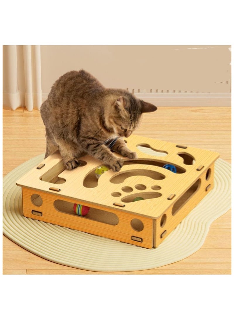 A.M Cat Interactive Box with Catnip & Bell Balls Toys Wooden Cat Maze Puzzle Box for Indoor Bored Cats - Image 1