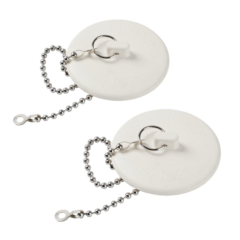 Opzour 2 Packs Tub Stopper, Rubber Bathtub Stoppers Drain Plug with 15" Stainless Steel Beaded Chain, Premium Bathroom Plug Fit for 1.5" to 2" Kitchen Sink, Bathroom Bath tub, Drain Stopper, White - Image 1