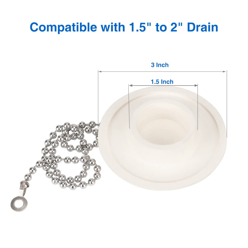 Opzour 2 Packs Tub Stopper, Rubber Bathtub Stoppers Drain Plug with 15" Stainless Steel Beaded Chain, Premium Bathroom Plug Fit for 1.5" to 2" Kitchen Sink, Bathroom Bath tub, Drain Stopper, White - Image 2