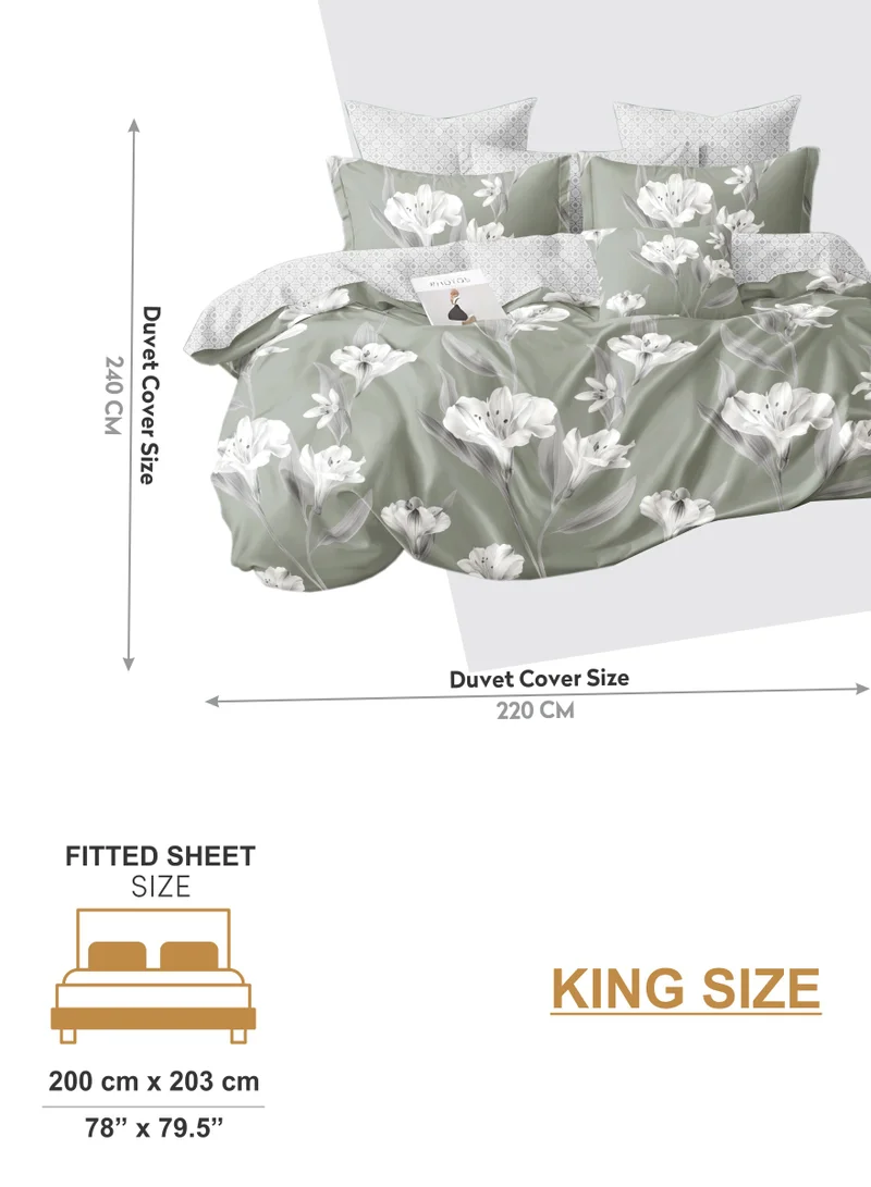 Donetella Duvet Cover Set 6-Pcs King Size Printed Bed Set With 1 Duvet Cover(220 X 240 CM),1 Fitted Sheet,2 PillowSham And 2 Pillow Cases (Without Filler),Lemon Grass