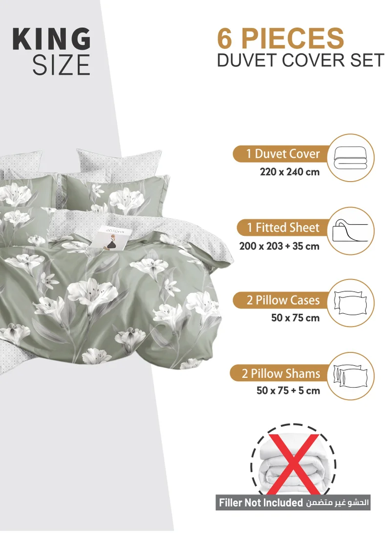 Donetella Duvet Cover Set 6-Pcs King Size Printed Bed Set With 1 Duvet Cover(220 X 240 CM),1 Fitted Sheet,2 PillowSham And 2 Pillow Cases (Without Filler),Lemon Grass