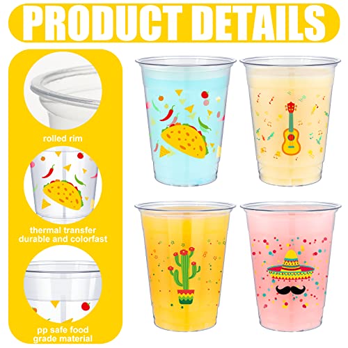 meekoo 100 Pack 12 oz Fiesta Cups Plastic Mexican Cups Clear Disposable Mug Cinco De Mayo Party Decorations for Fiesta Taco Birthday Party Drinkware Supplies, 4 Styles - Image 3