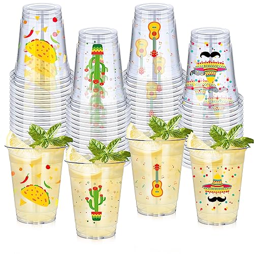 meekoo 100 Pack 12 oz Fiesta Cups Plastic Mexican Cups Clear Disposable Mug Cinco De Mayo Party Decorations for Fiesta Taco Birthday Party Drinkware Supplies, 4 Styles - Image 1