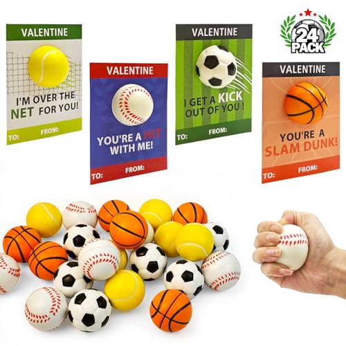 Wondrus Stress Ball Valentines Day Cards Gifts for Kids Classroom 24 Pack Mini Foam Sports Toys with Exchange Cards for Boys School Valentines Goodie Bag Stuffer Class Treats Prizes for Preschool Toddlers - Image 1