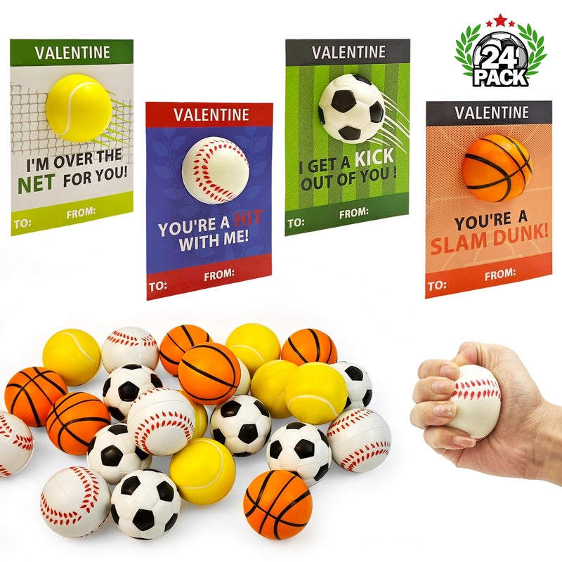 Wondrus Stress Ball Valentines Day Cards Gifts for Kids Classroom 24 Pack Mini Foam Sports Toys with Exchange Cards for Boys School Valentines Goodie Bag Stuffer Class Treats Prizes for Preschool Toddlers - Image 3