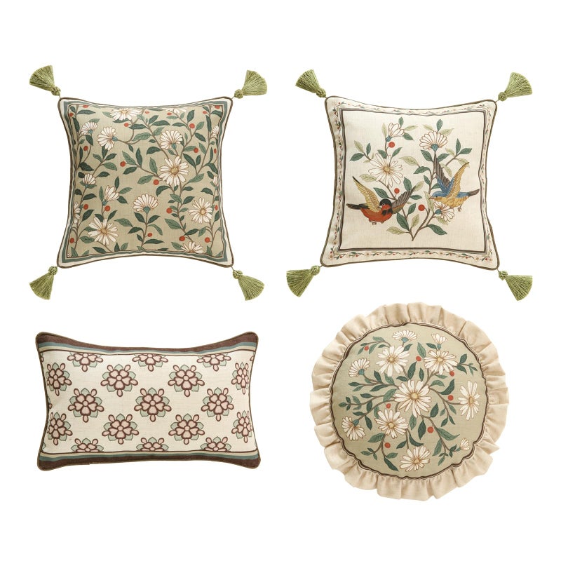 ISAENNE Design Green Floral Linen Throw Pillow Covers Set of 4, White Simple Elegant Daisy Pattern Cushion Covers Decor Lumbar Round Square Pillowcases for Bed,Living Room,Outdoor,Car - Image 1