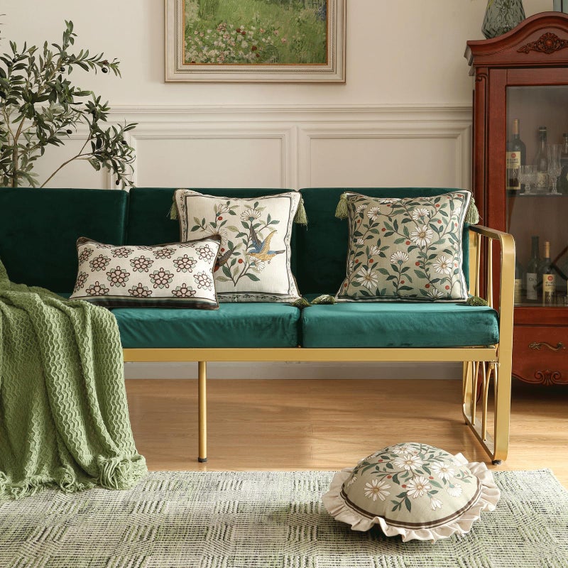 ISAENNE Design Green Floral Linen Throw Pillow Covers Set of 4, White Simple Elegant Daisy Pattern Cushion Covers Decor Lumbar Round Square Pillowcases for Bed,Living Room,Outdoor,Car - Image 2