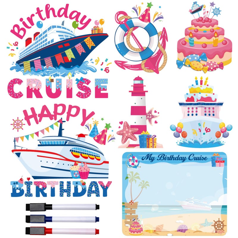 Dazoratix Birthday Cruise Door Magnets - 7 PCs Happy Birthday Magnet Stateroom Pink Decorations Magnetic Ship Cabin Stickers for Girl Car Refrigerator Accessories Carnival Decals Party Decor with Pens - Image 1