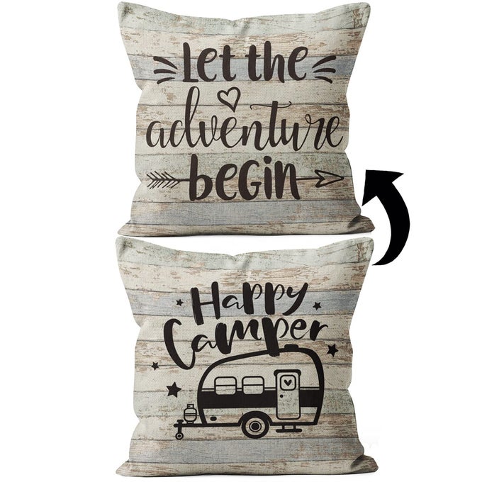 MQIZI HAPPY CAMPER DECOR PILLOW COVER REVERSIBLE 18X18 CAMPER DECORATIONS FOR INSIDE PERFECT GIFTS FOR RV OWNERS