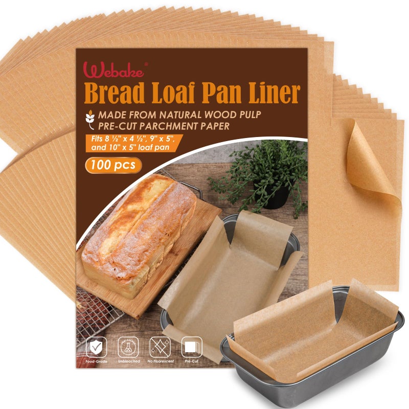 Webake Unbleached Parchment Paper Loaf Pan Liners for Baking Bread 9x5 1lb 15lb 2lb Original Precut Non Toxic 100 Pcs Baking Paper