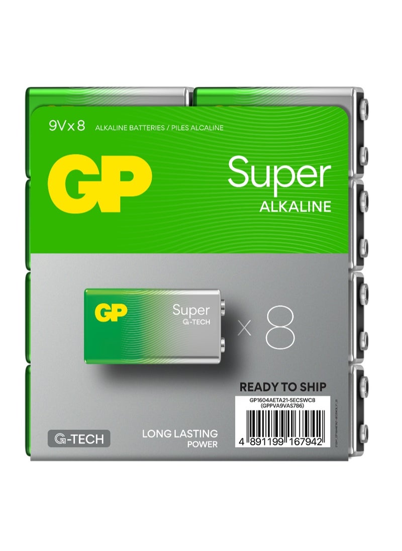 GP Batteries - GP Super Alkaline 9V 8-Pack – Reliable and Long-Lasting 9V Batteries for Smoke Detectors, Toys, Remote Controls, and Medical Devices, Global E-com Shrink Wrap with Card (A21) - Image 1