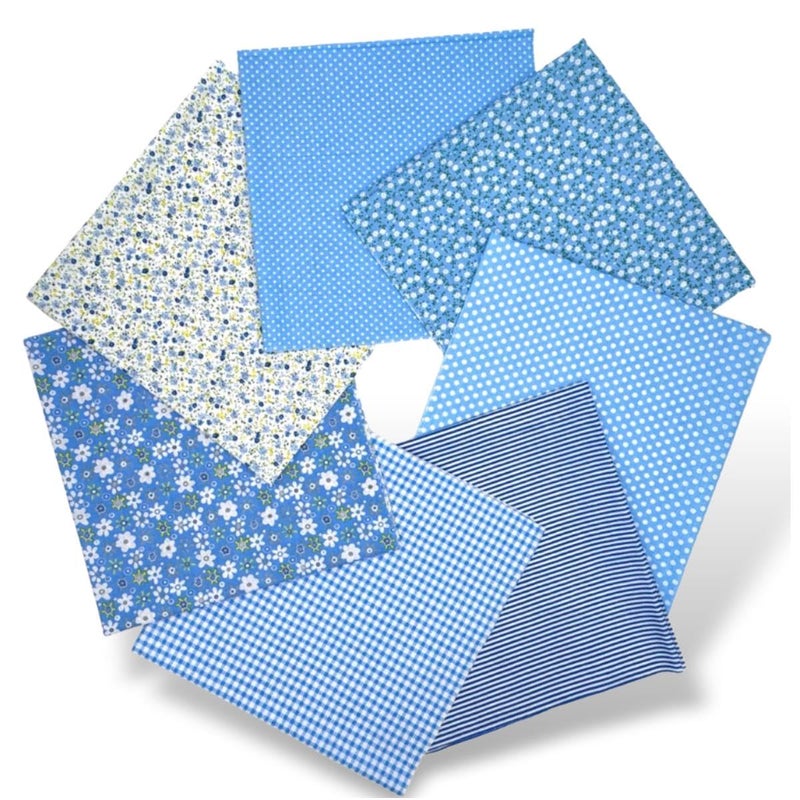 VUFVOID High-Grade Cotton Quilting Fabric Bundle, 100% Cotton Floral Print Patchwork Material for DIY Sewing, Cushions, Crafts, Machine Washable, Multi-Color Patterns (Light Blue, 20 * 20'') - Image 1