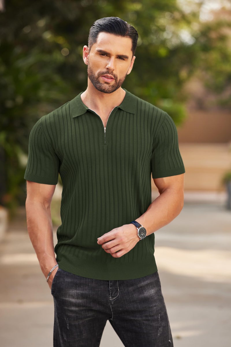 COOFANDY Men's Zipper Polo Shirts Short Sleeve Ribbed Knit Polo T Shirts Fashion Casual Golf Shirts Army Green - Image 3
