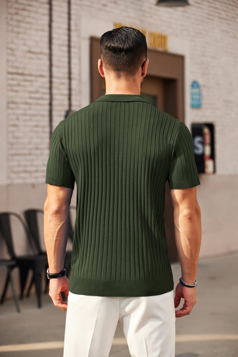 COOFANDY Men's Zipper Polo Shirts Short Sleeve Ribbed Knit Polo T Shirts Fashion Casual Golf Shirts Army Green - Image 4