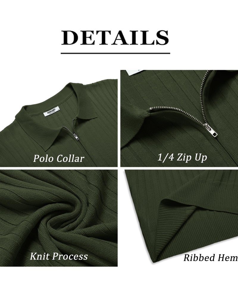 COOFANDY Men's Zipper Polo Shirts Short Sleeve Ribbed Knit Polo T Shirts Fashion Casual Golf Shirts Army Green - Image 5