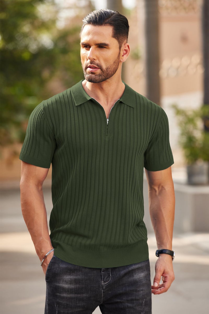 COOFANDY Men's Zipper Polo Shirts Short Sleeve Ribbed Knit Polo T Shirts Fashion Casual Golf Shirts Army Green - Image 2