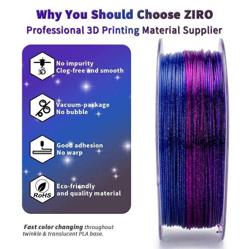 ZIRO Fast Color Changing Twinkling PLA, 1.75mm Filament, Sparkle Glitter with Colorful Transluent PLA, 3D Printing Material,1kg Spool, Dimensional Accuracy +/-0.03mm, Galaxy - Image 3