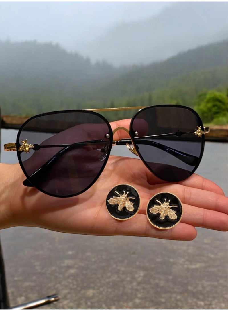 Bee Line Women's Jewellery Set Contains Sunglasses & Earrings Decorated With A Bee In High Quality And Elegant Design - Image 1