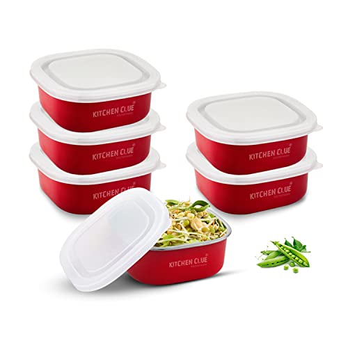 KITCHEN CLUE Stainless Steel Lunch Box/Containers I 350 ml, Pack of 6 Pcs I Microwave Safe I Airtight & Leak-Proof Lids I Small Size - 11X11X4.5 Cm I Use for Office School Kids & Adults - Image 1